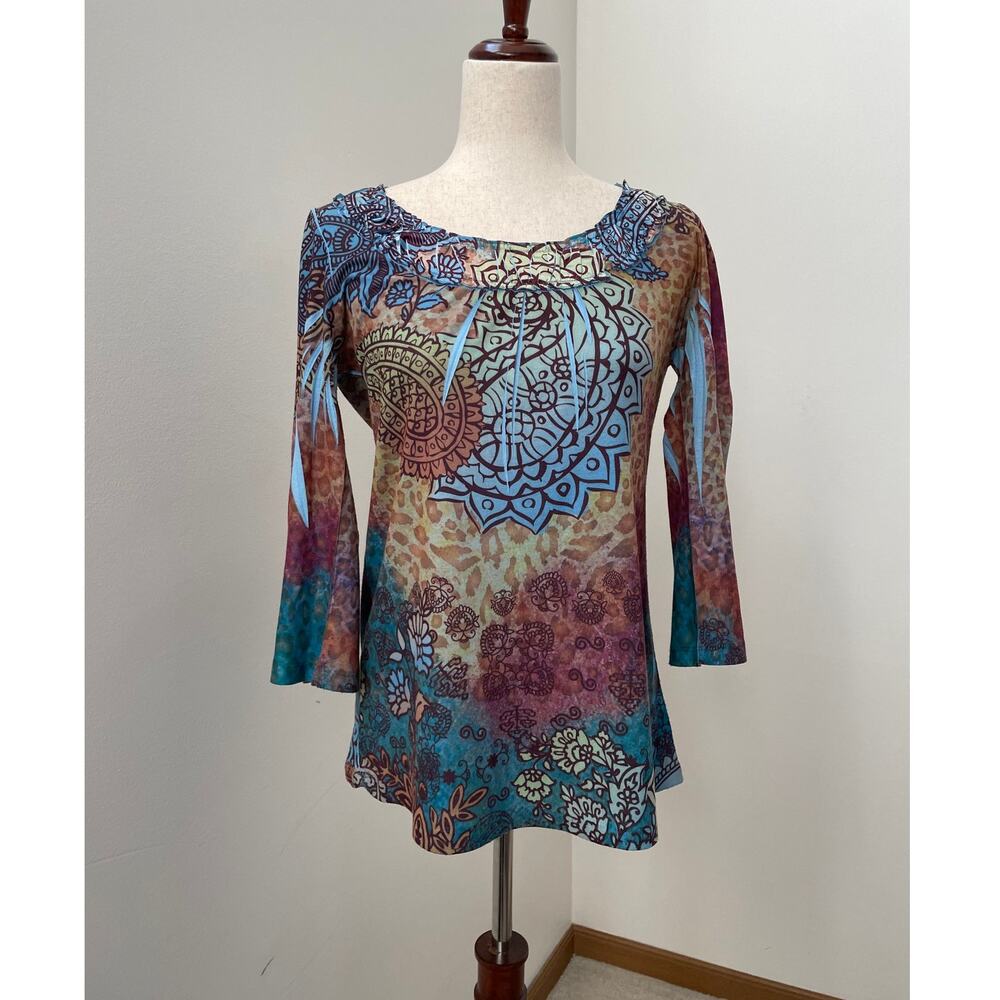 Live and Let Live Y2K 00s Top Womens S Blue Brown Paisley Floral Boho Hippie
